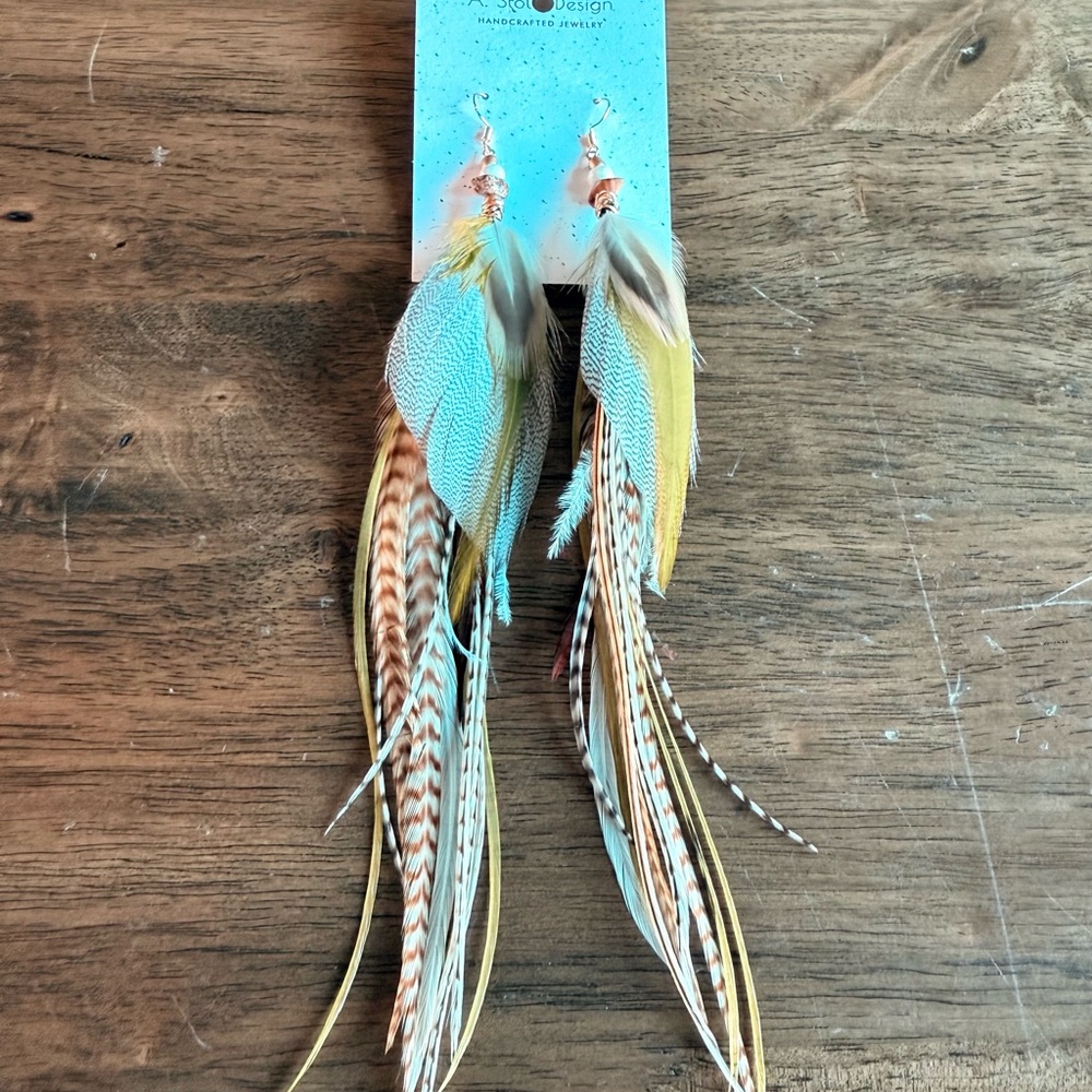 Bohemian Feather Earrings in Gold and Cream